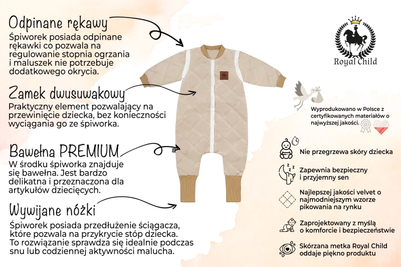 Śpiworek do spania od 1 do 2,5 lat z nóżkami kremowy velvet