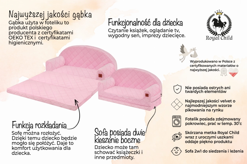 Sofa rozkładana XXL różowa pikowany velvet