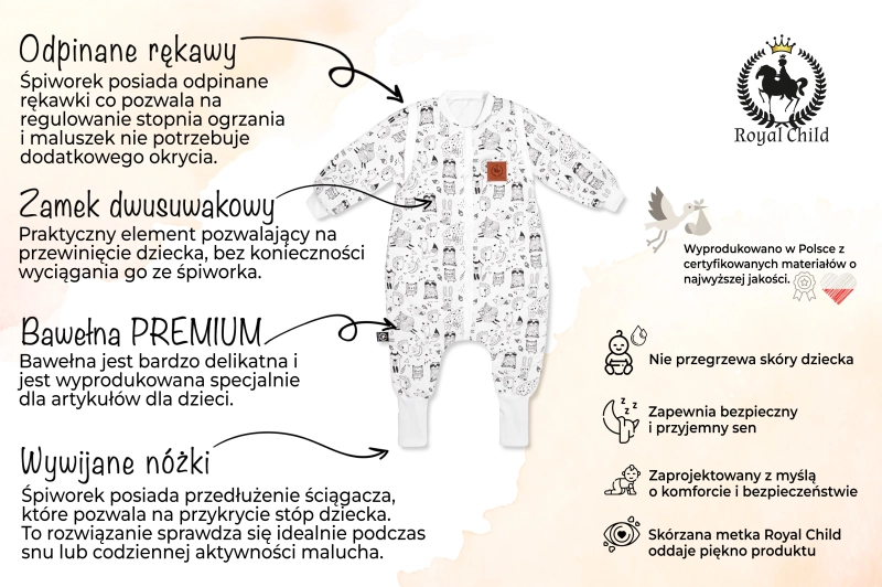 Śpiworek do spania od 1 do 2,5 lat z nóżkami skandynawskie wzory bawełna PREMIUM