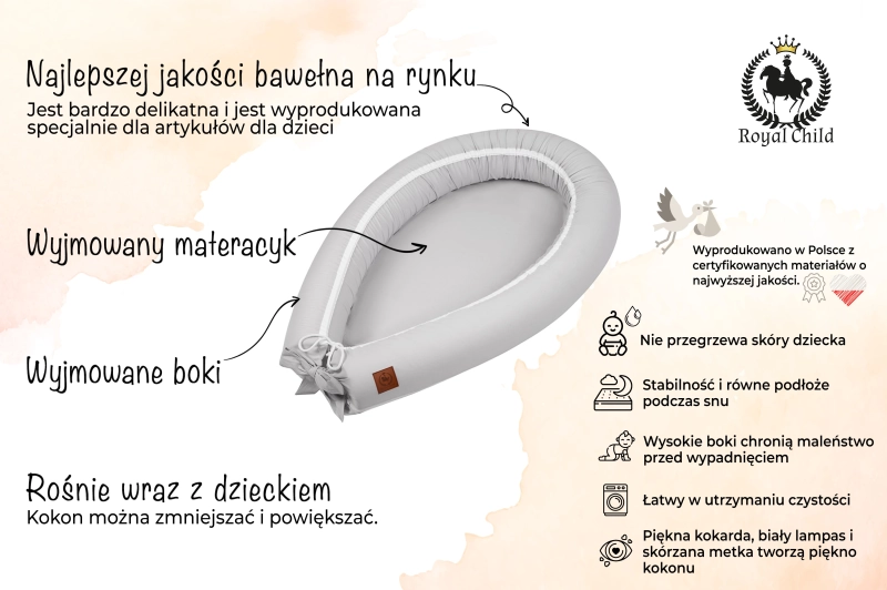 Kokon niemowlęcy z materacykiem MEMORY szary BAWEŁNA PREMIUM