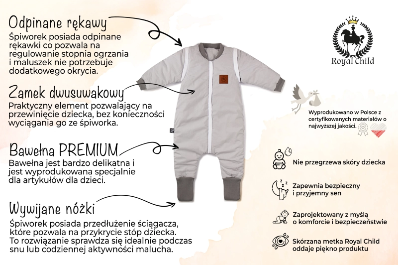 Śpiworek do spania od 1 do 2,5 lat z nóżkami szara bawełna Premium